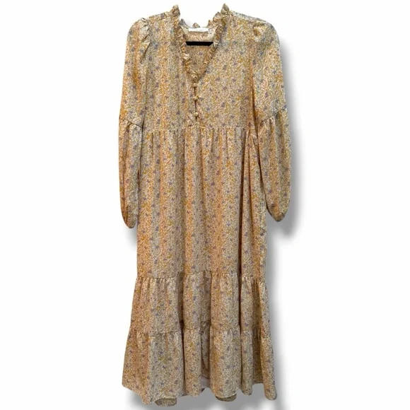 Carly Jean Los Angeles CJLA Yellow Floral Long Sleeve Tiered Maxi Dress sz Small - Picture 2 of 6